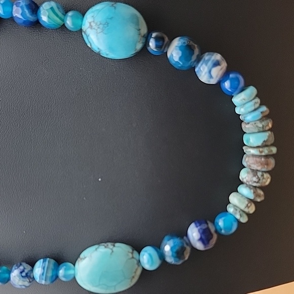 640 Cts Natural Turquoise & Blue Faceted Onyx Beaded Boho Gemstone Necklace - Picture 4 of 10